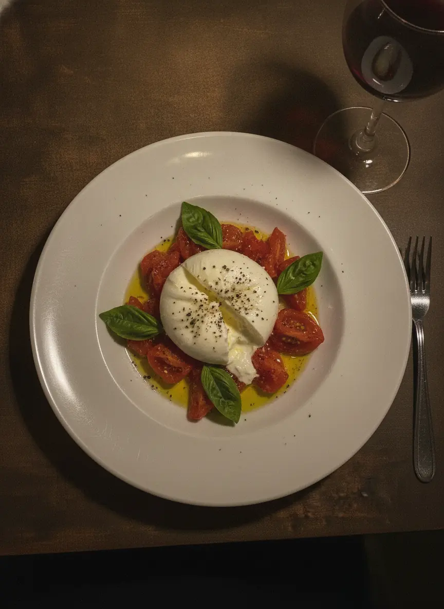Burrata mit Tomaten, klassisch als Caprese angerichtet