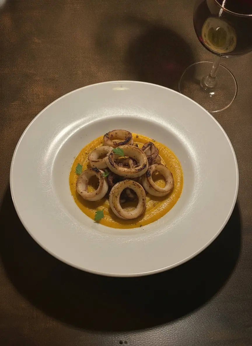 Gegrillte Calamari auf samtiger Kürbiscreme angerichtet