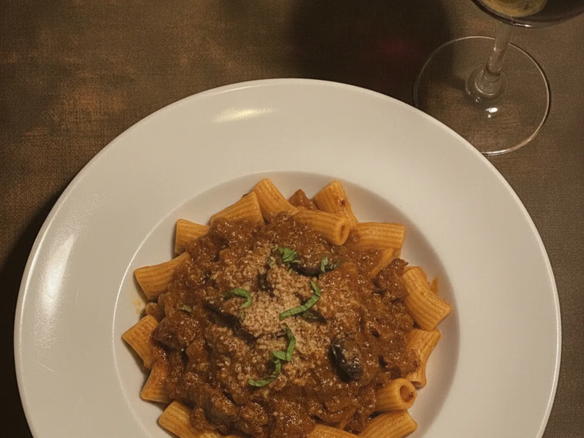 Cavatelli mit Kalbsragout und Steinpilzen, Aufsicht auf dem Teller