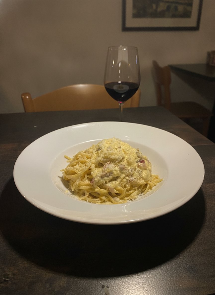 Pasta mit Rotweinglas im Gastraum von Punto DiVino