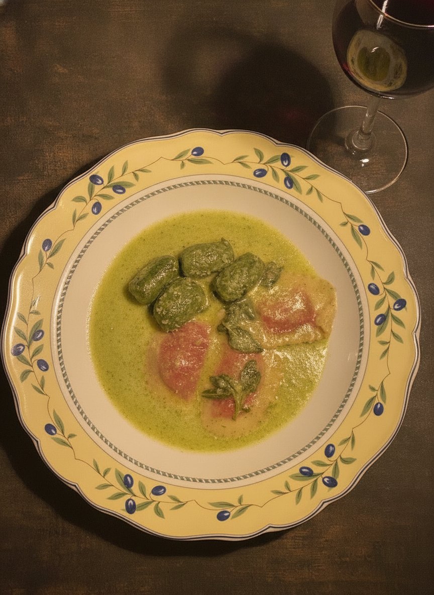Handgemachte grüne Gnocchi mit Pesto auf dem Haus-Teller