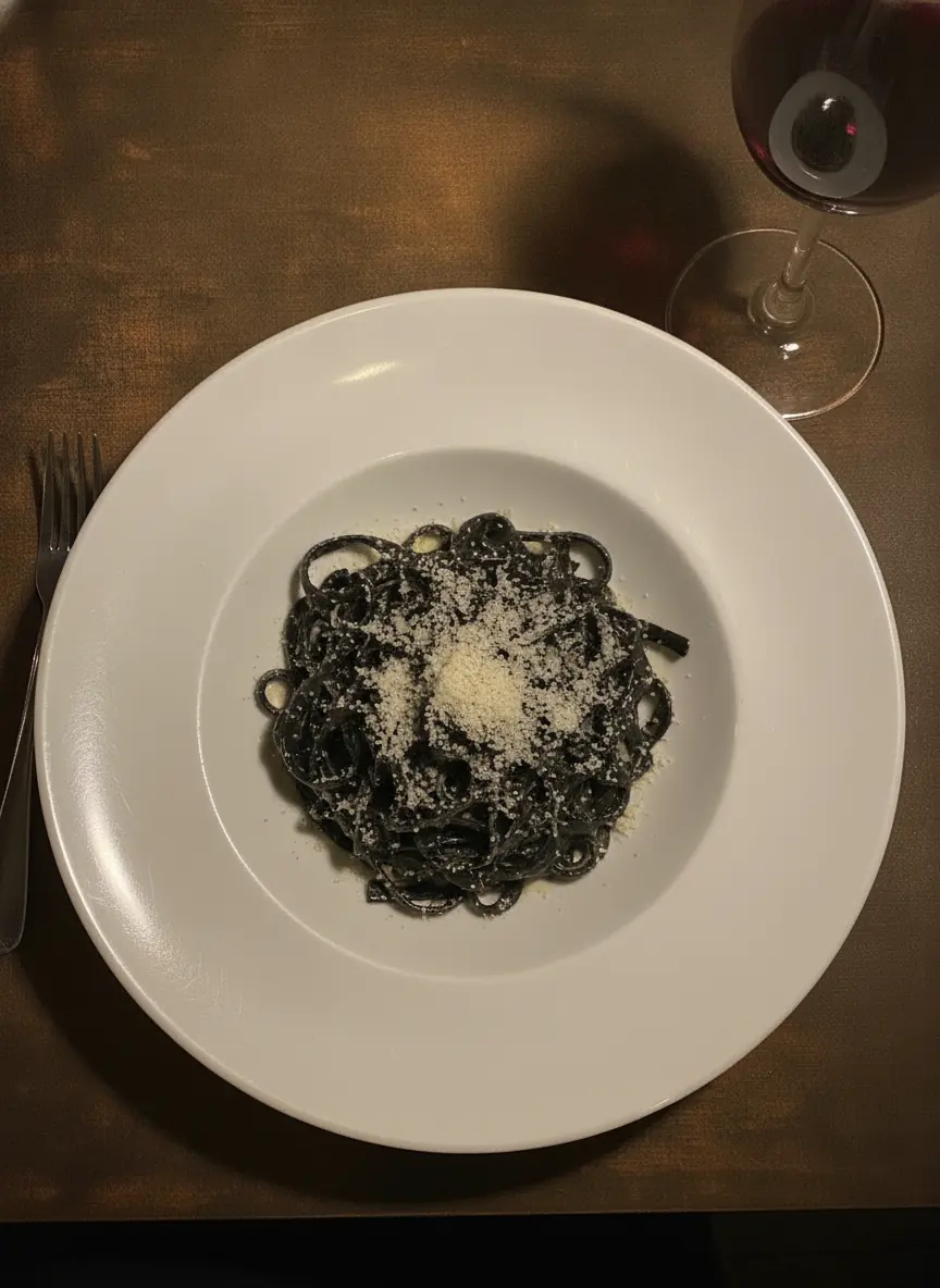 Fettuccine al Nero di Seppie, hausgemachte Bandnudeln mit Sepiatinte