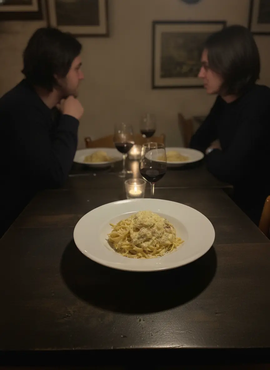 Zwei Gäste am eingedeckten Tisch im Gastraum von Punto DiVino, Kerzenlicht