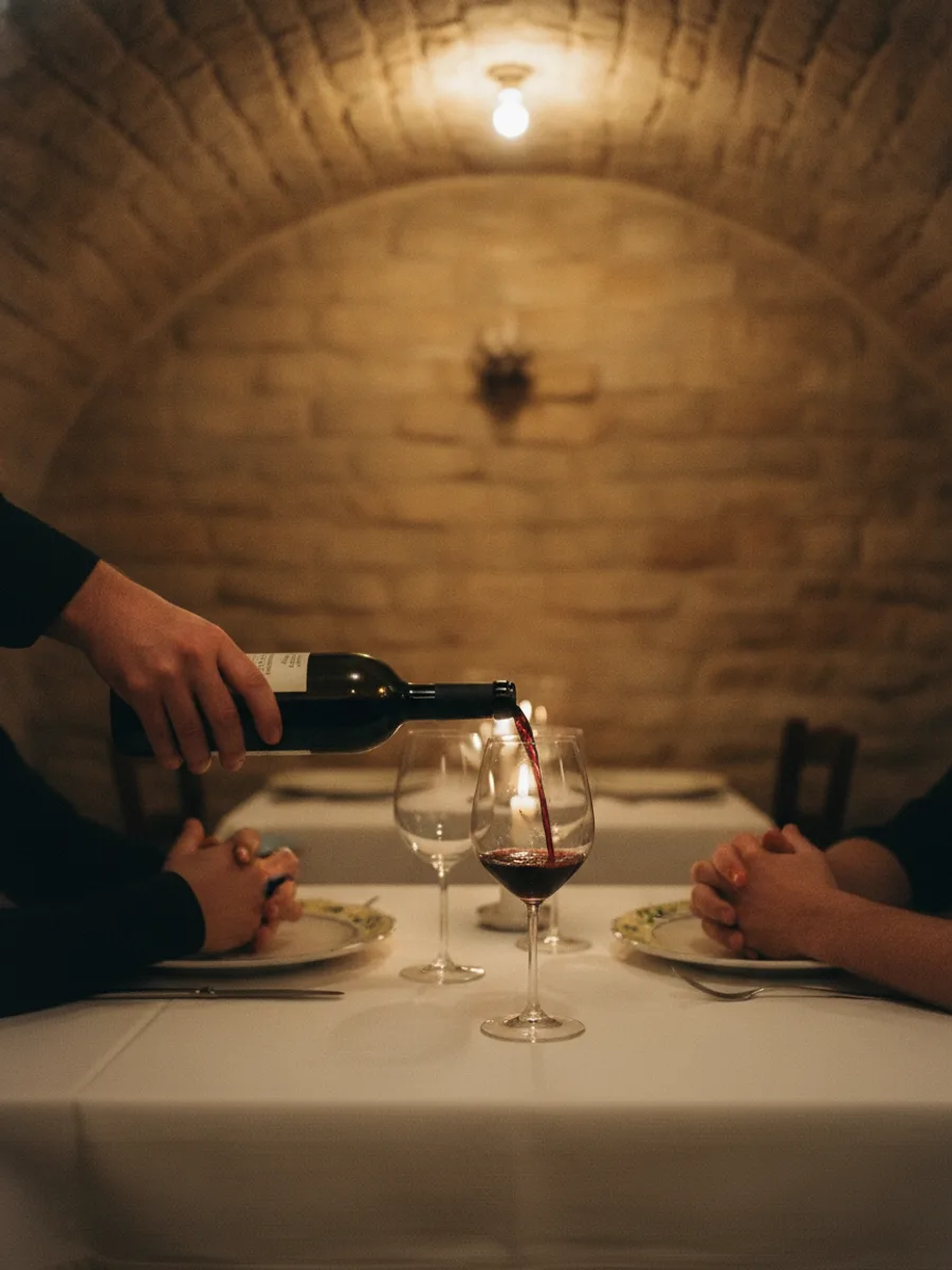 Der Gastgeber schenkt am eingedeckten Tisch im Gewölbe Rotwein ein