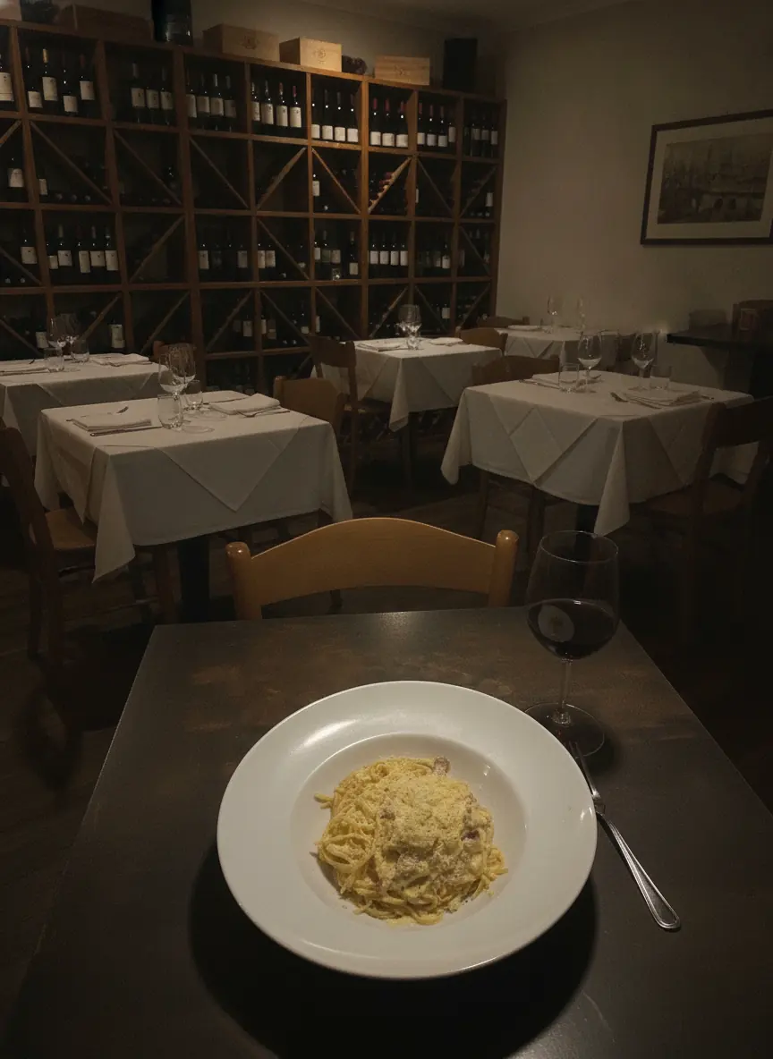 Gastraum von Punto DiVino mit Weinregalen an der Wand und eingedeckten Tischen