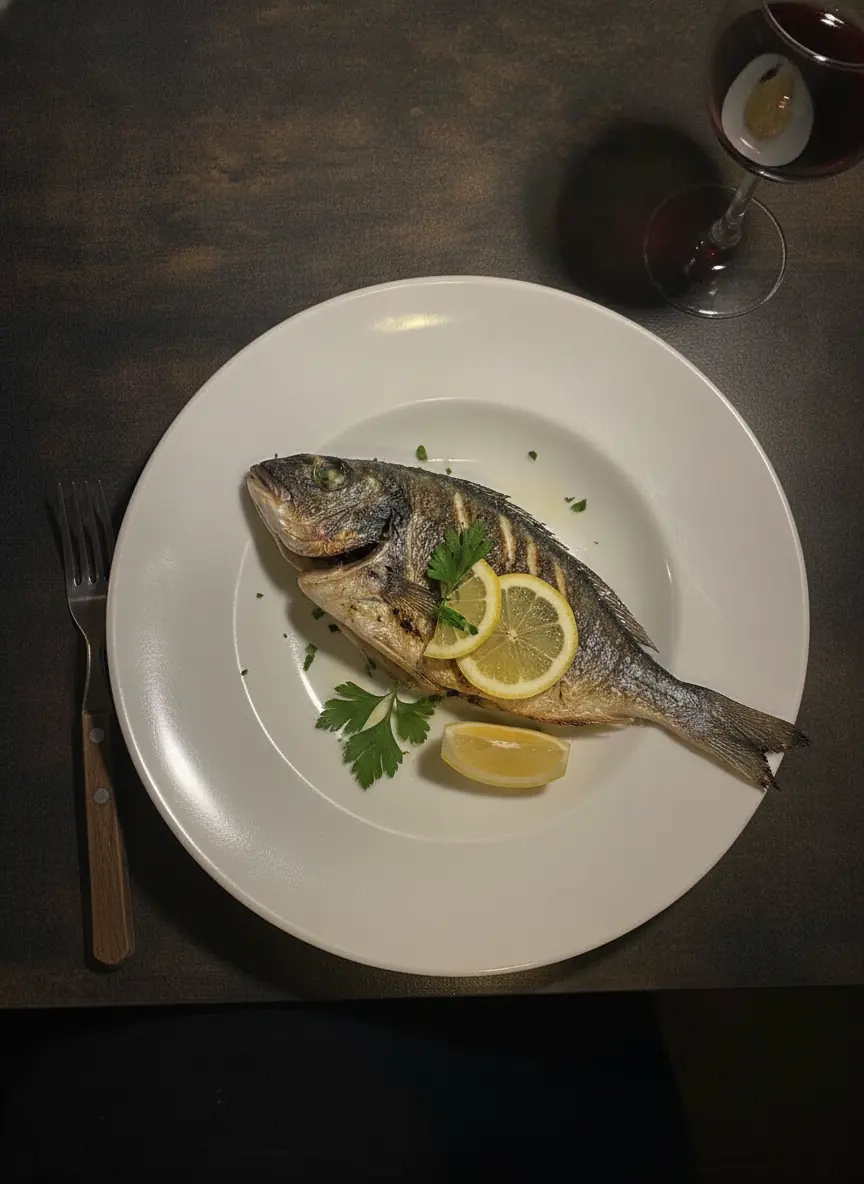 Orata vom Grill, ganze Dorade mit Kräutern und Zitrone