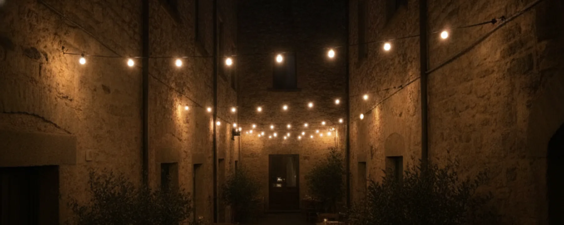 Terrasse von Punto DiVino am Abend mit Lichterkette und Olivenpflanzen, Gäste im Vordergrund als Silhouette