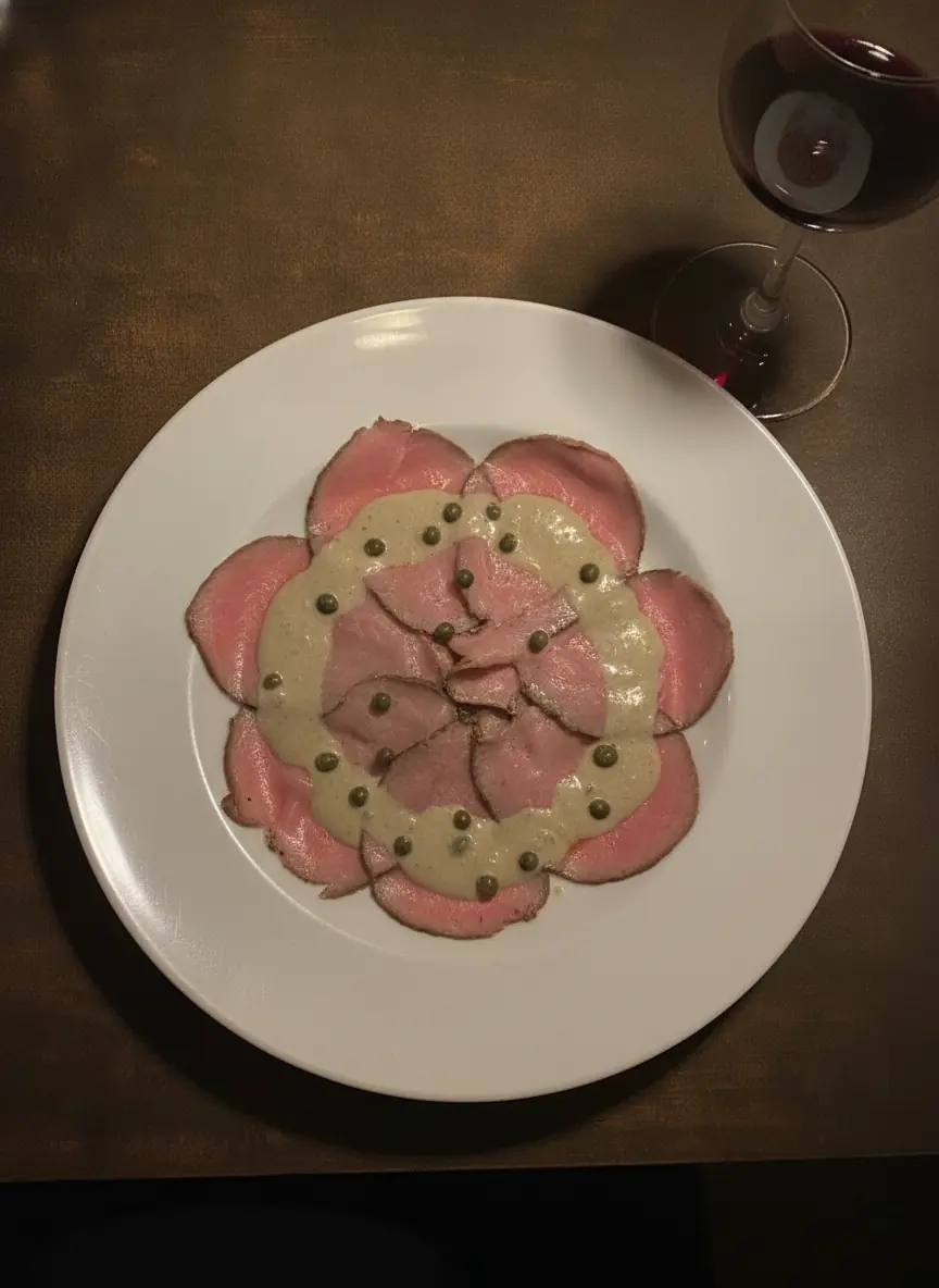 Vitello Tonnato, hauchdünn geschnitten mit cremiger Thunfischsauce