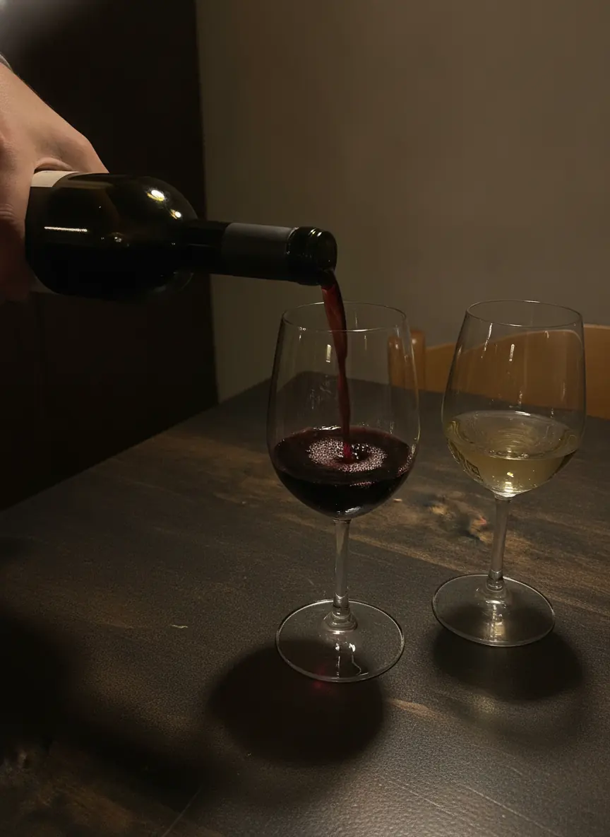 Eine Hand schenkt Rotwein ins Glas, daneben ein Glas Weisswein